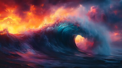 Fototapeta premium Fiery sunset ocean wave, dramatic sky, fantasy art, background, design