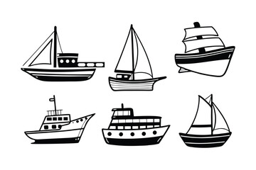 Collection of various boats and ships line art, nautical transport illustration on white background