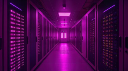 The futuristic interior of a modern data center, featuring rows of servers illuminated by cool neon lights.