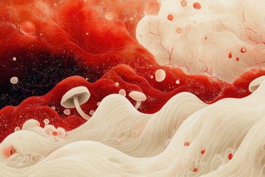 Abstract landscape featuring red and white waves with mushrooms and floating spores in a surreal environment