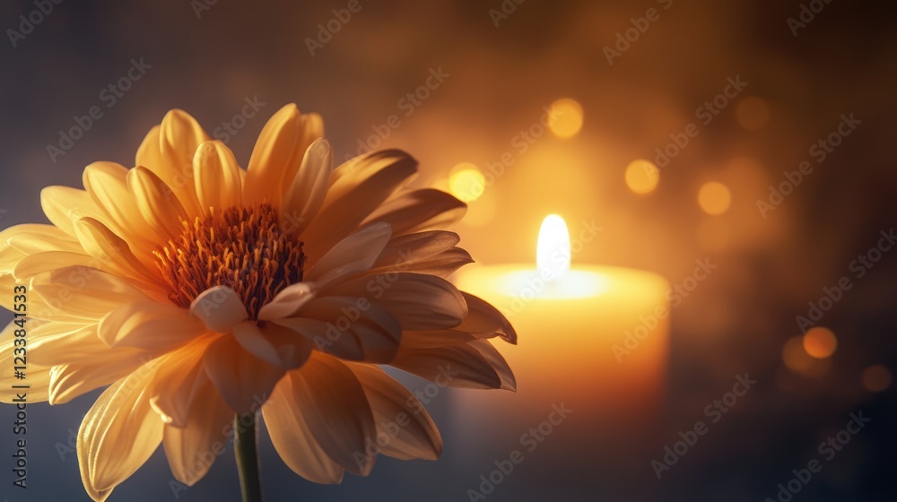 Poster elegant flower illuminated by candlelight with sulphur glow and soft bokeh background for text overl