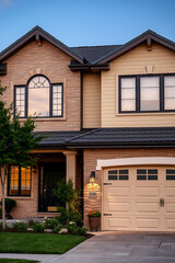 Luxury Home Exterior at Dusk: Brick Facade, Modern Design, and Landscaped Garden