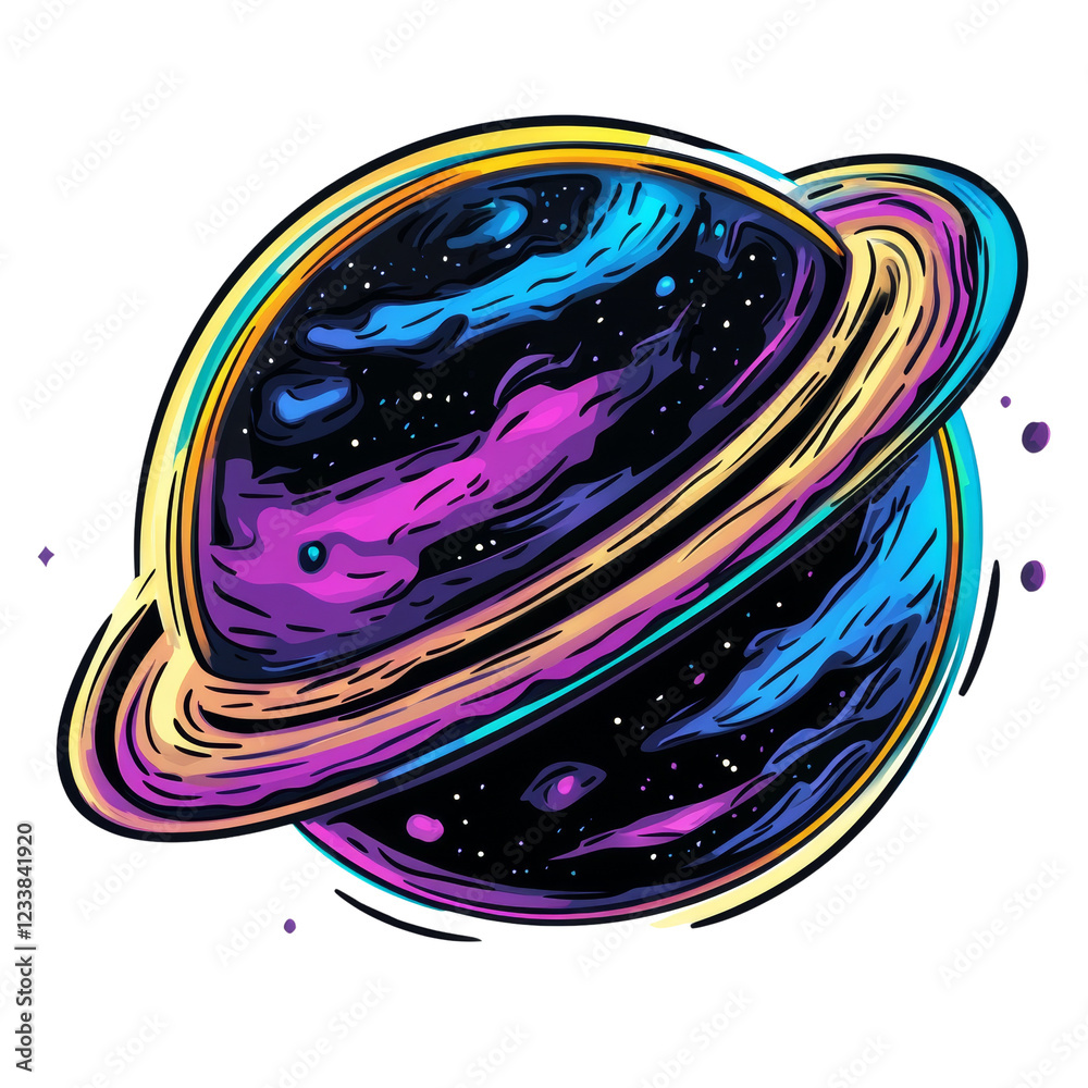 Poster a stylized illustration depicts a vibrant planet with multiple glowing rings orbiting in a cosmic sp