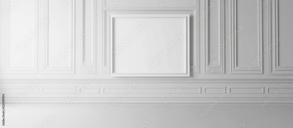 Poster minimalistic white office wall featuring a blank frame template ideal for custom text or artwork dis