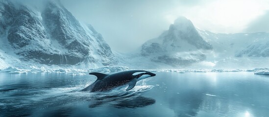 Majestic killer whale swimming through icy waters in a serene Arctic landscape