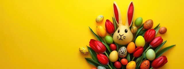 Fototapeta premium Easter Celebration Flat Lay with Bunny Tulip Bouquet Colorful Quail Eggs on Yellow Background Blank Space for Holiday Text