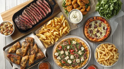 Delicious food platter steak, pizza, fries, chicken.  Perfect for a family gathering or party