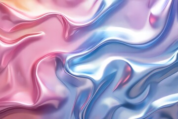 Obraz premium Glossy iridescent pastel smooth and flowing fabric waves silk satin texture. Abstract holographic gradient textile background. Trendy backdrop design.