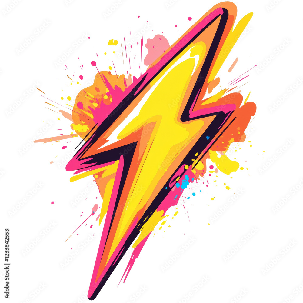 Poster a stylized lightning bolt image with vibrant pink, yellow, and orange paint splashes creating a dyna