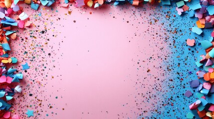 Colorful confetti and scrapbook elements arranged on a pink background for vibrant celebration themes and customizable text space.