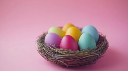 Colorful Easter Eggs Nest with Soft Pink Background and Space for Seasonal Text or Greeting