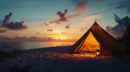 Cozy beach tent at sunset with illuminated lantern creating a tranquil atmosphere and ample empty space for text overlay.