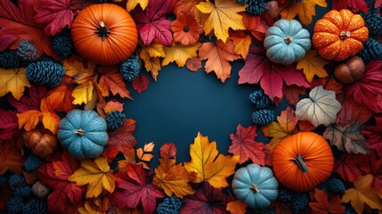 Autumn flat lay featuring colorful pumpkins and vibrant leaves for Halloween and Thanksgiving celebrations