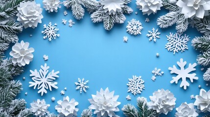 Christmas decorations in black and white with snowflakes arranged on a vibrant blue background creating a festive seasonal frame.