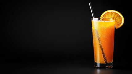 Refreshing tropical orange juice in a tall glass with straw and garnished with a slice against a dark background for text placement