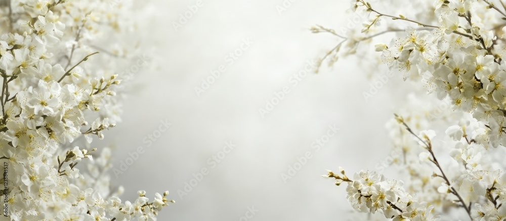 Poster white forsythia floral background with ample empty space for text and design elements