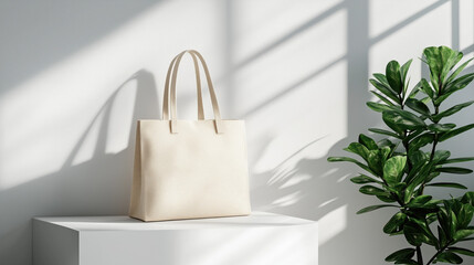 Minimalistic mockup of beige tote bag on white platform, with natural light casting shadows and green potted plant in the background. Perfect for fashion, retail and ecology themes.