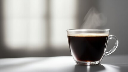 A steaming glass cup of freshly brewed black coffee on a clean white surface
