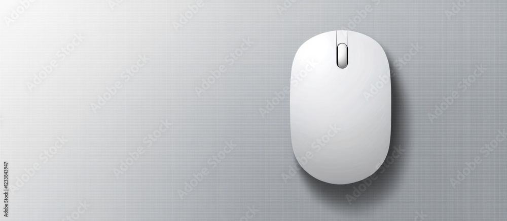 Poster minimalist white computer mouse on grey background with generous space for text or design elements