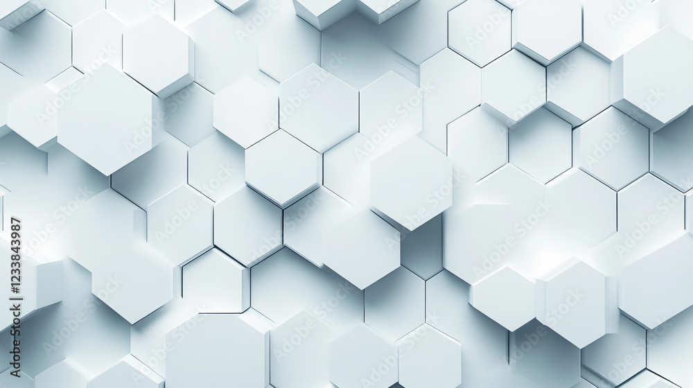 Wall mural abstract geometric pattern composed of three-dimensional white hexagons, futuristic honeycomb mosaic