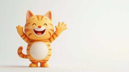 A 3D cartoon character of a smiling, friendly ginger striped cat waving hello or goodbye.