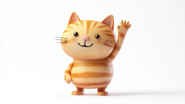 A 3D cartoon character of a smiling, friendly ginger striped cat waving hello or goodbye.