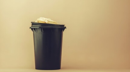 Black Trash Can Against Beige Background