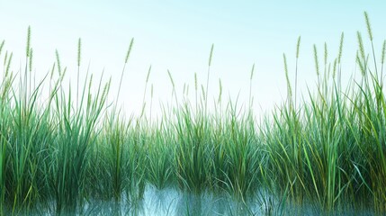 Fototapeta premium Serene marsh landscape with tall reeds and grass against a clear sky providing ample empty space for text or design elements.