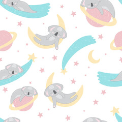 Adorable sleeping koalas in space on white background. Vector seamless pattern with Australian bear. Cute childish bed linen design. Hand drawn marsupials for kids scrapbooking. Nursery wallpaper.