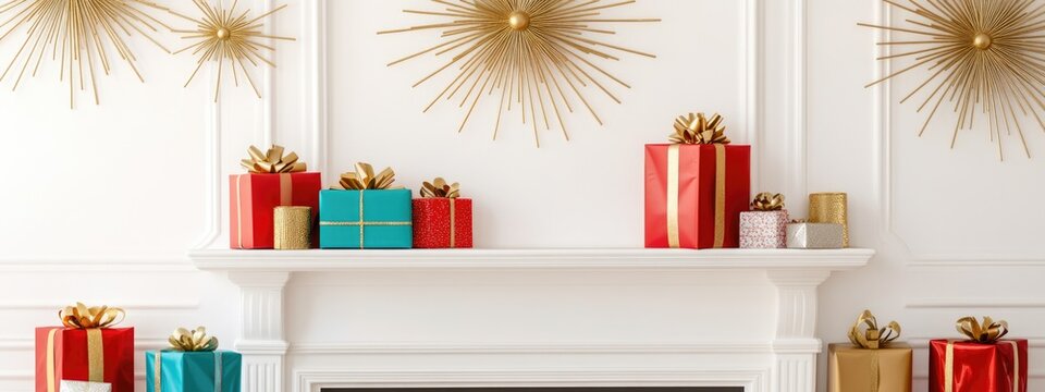 Elegant white mantle adorned with colorful holiday presents and golden starburst decorations, featuring empty space for personalized text.