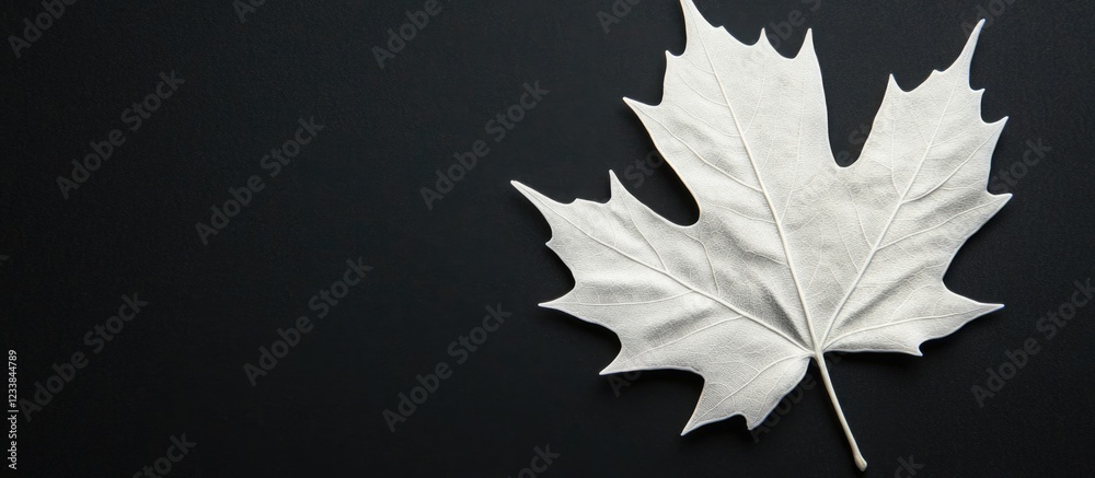 Poster white maple leaf isolated on dark background with ample copy space for text or design elements