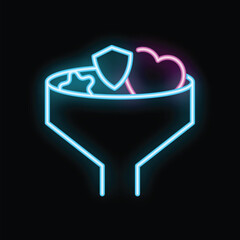 Neon funnel filtering heart, star, and shield icons representing lead conversion, marketing, and sales funnel concepts