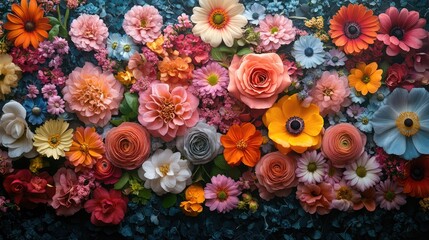 Naklejka premium Vibrant floral arrangement overhead view ideal for contemporary wall decoration showcasing an array of colorful blooms and artistic design.