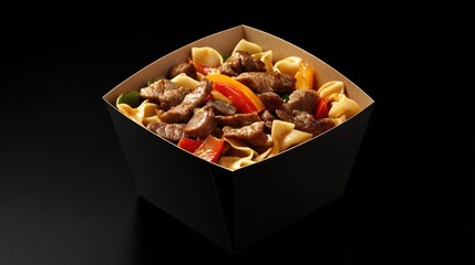 Takeout Noodle Box Containing Meat and Colorful Vegetables on Black Background Three Quarter Angle