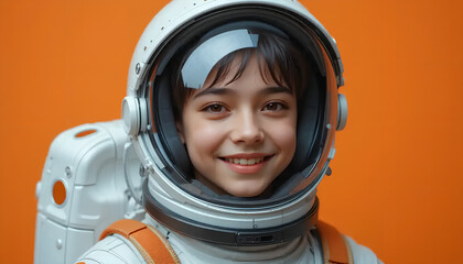Portrait of an Astronaut Child Against an Orange Background