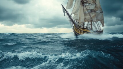 Tall ship navigating turbulent ocean waves under dramatic stormy skies with ample empty space for customizable text or logos