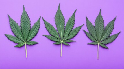 Vibrant Cannabis Leaves Against Purple Backdrop for THC CBD Marketing Concepts