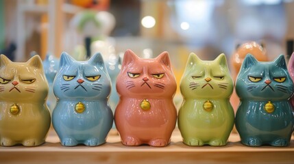 Obraz premium Colorful ceramic cat figurines displaying various emotions arranged in a row on a shelf in a decorative setting.