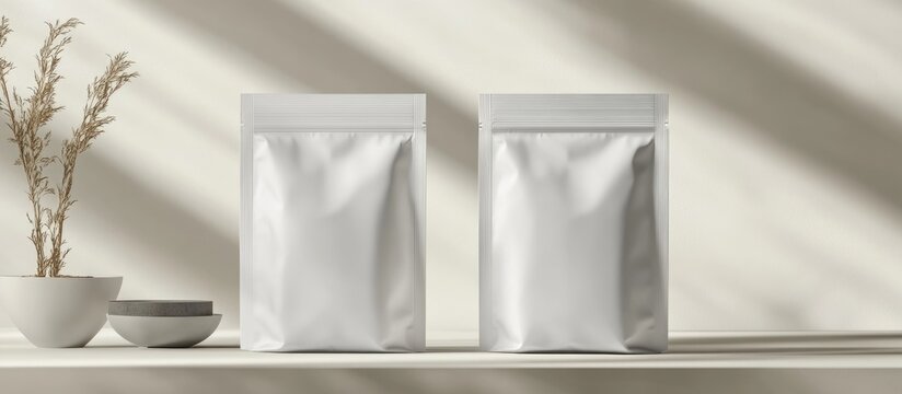 Minimalist mockup of white label bags on a neutral surface with space for branding and text suitable for product design presentations.