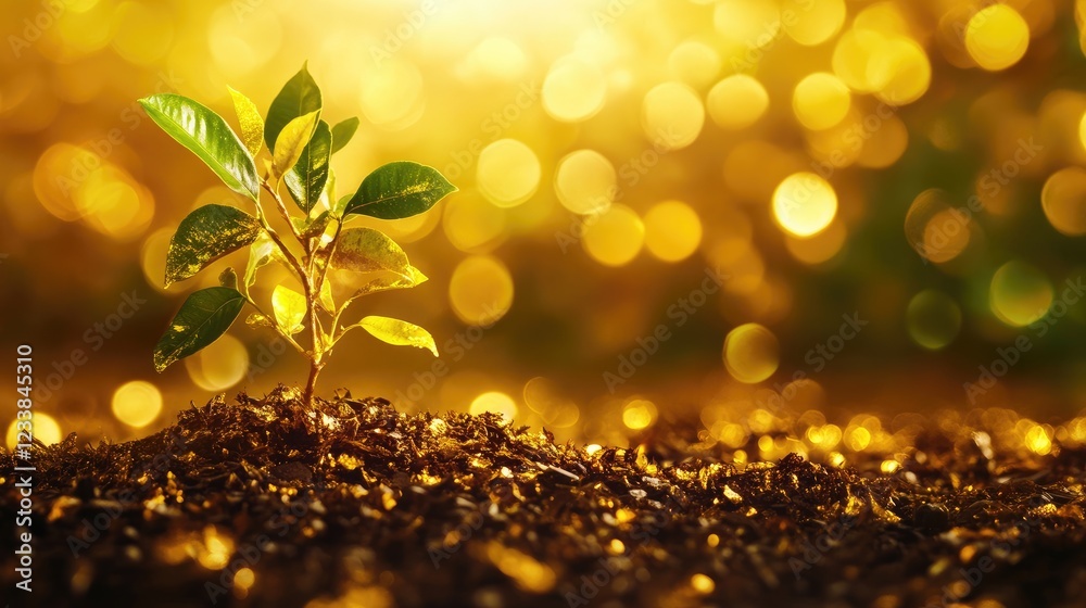Poster Close up of a golden sapling with lush leaves on rich soil symbolizing growth and prosperity with soft bokeh background for text placement