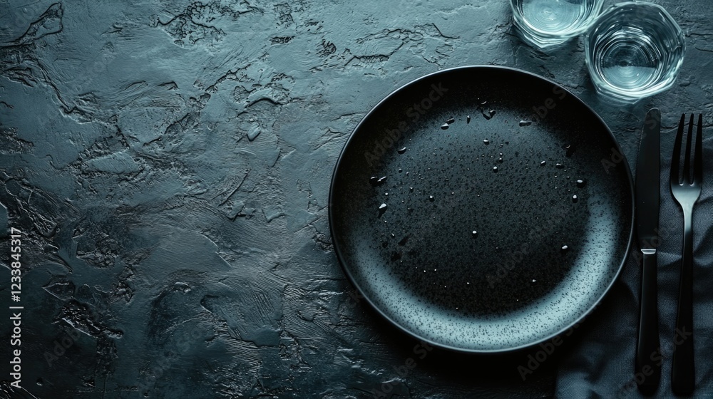 Poster elegant dark plate with droplets glass of water and cutlery on textured surface empty space for menu