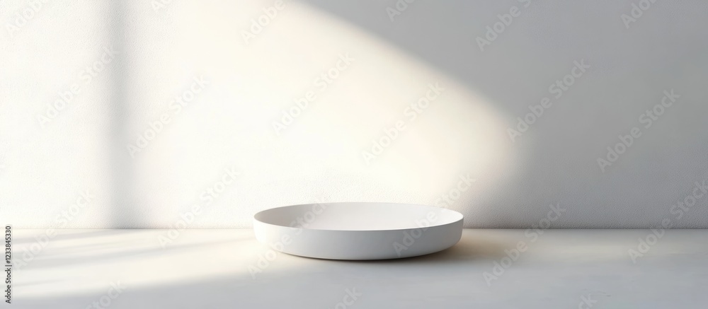 Poster minimalist white plate on a light surface with soft shadows and ample space for adding custom text o