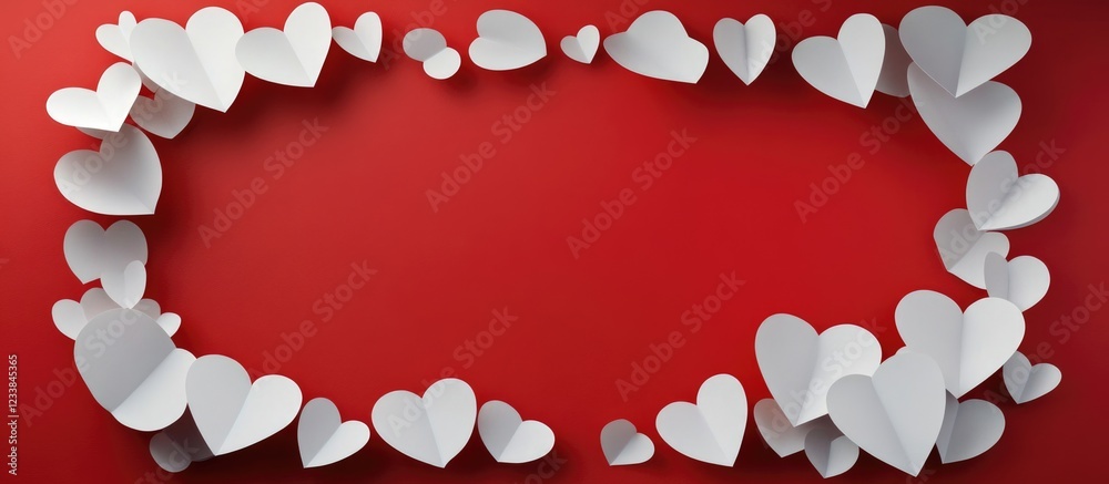 Poster white paper hearts arranged in a wall pattern on a vibrant red background with ample empty space for