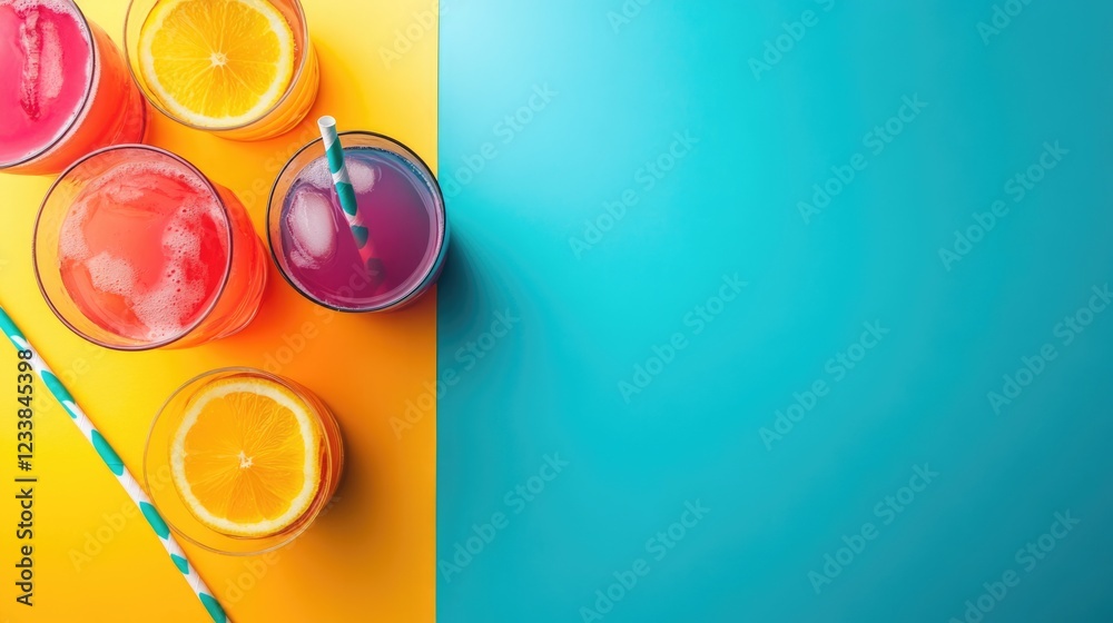 Poster colorful cocktail drinks on vibrant background with empty space for text perfect for summer party or