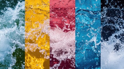 Colorful water splash collage with dynamic movement and ample empty space for text or branding purposes.