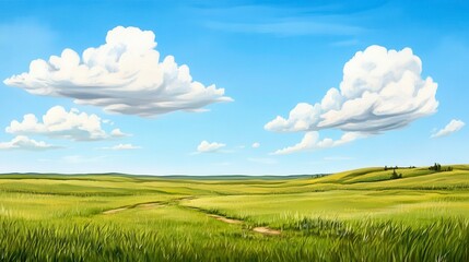 Obraz premium Serene Green Meadow Under a Bright Blue Sky with White Clouds