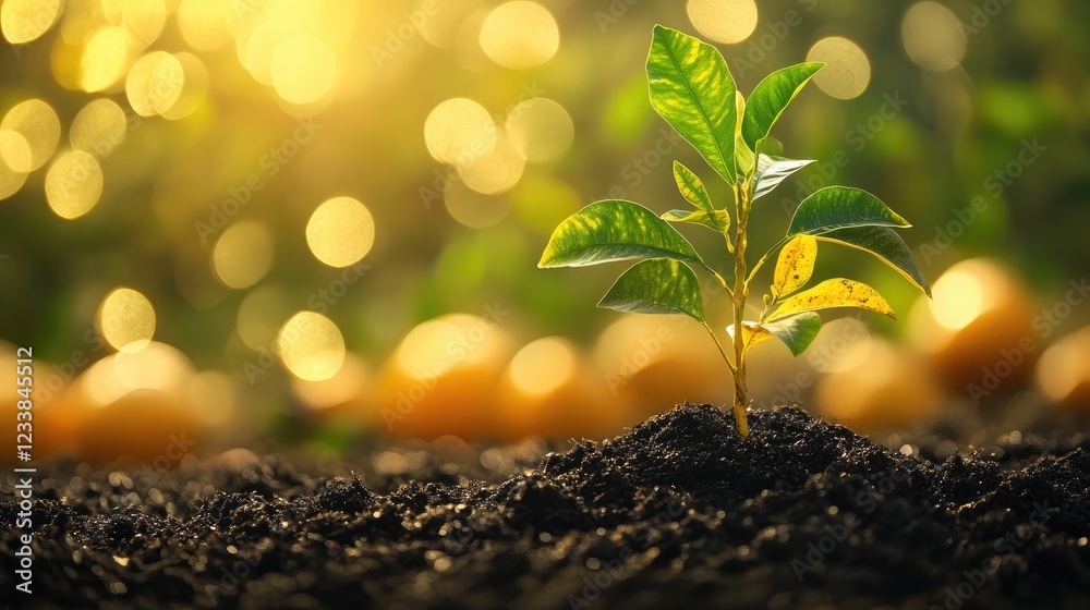 Aufkleber golden sapling with lush green leaves against a blurred orange background symbolizing growth and pro