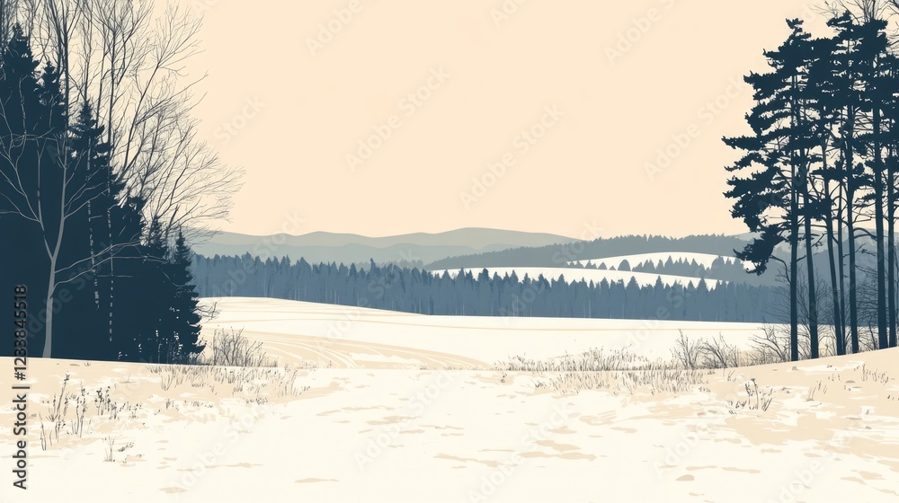 Leinwandbilder snowy winter landscape with fields, forest, and distant mountains in flat minimalist style offering 