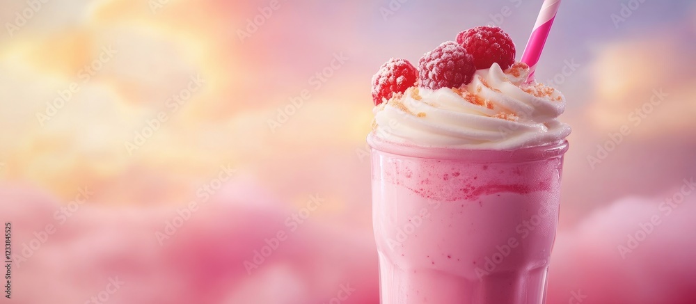 Poster Refreshing Raspberry Milkshake with Whipped Cream and Strawberries Against a Soft Pink Background Perfect for Summer Beverages and Desserts