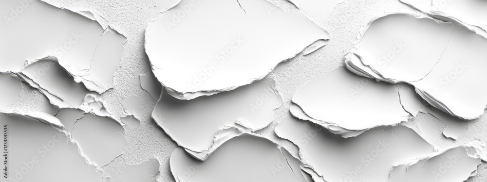 Poster textured white and silver relief background with abstract fragmented layers and ample empty space fo
